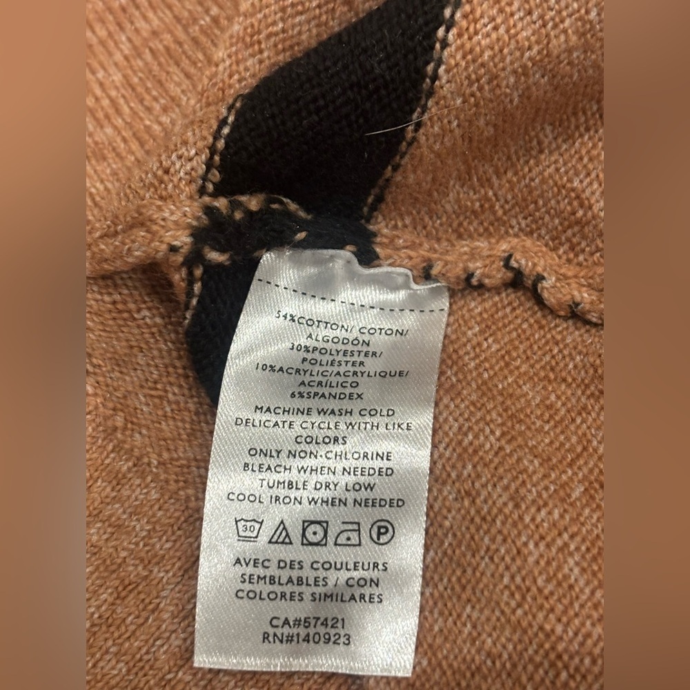LOFT Camel/Tan and Black Striped Crew Neck Sweater with Button details XS - Picture 6 of 12
